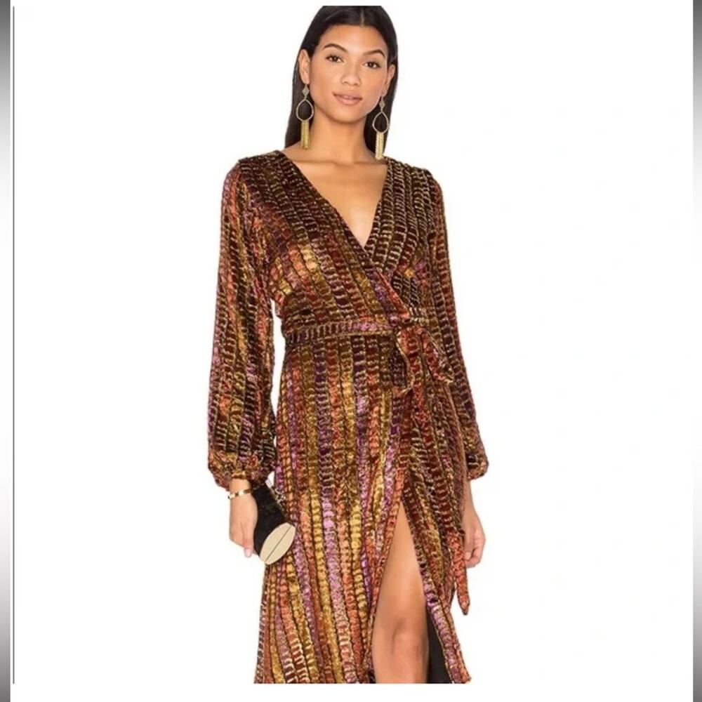 REVOLVE LPA Long Sleeve Dotty Gold Sparkling Multi Colored Wrap Dress 70 XS